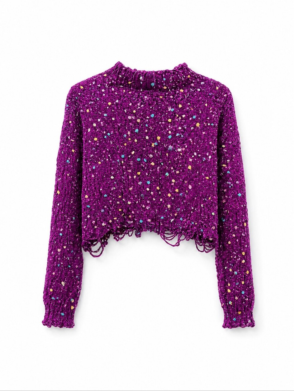 Main Strip Confetti Sweater Small Purple Chunky Knit Distressed Crop Cozy Boho - Picture 3 of 9
